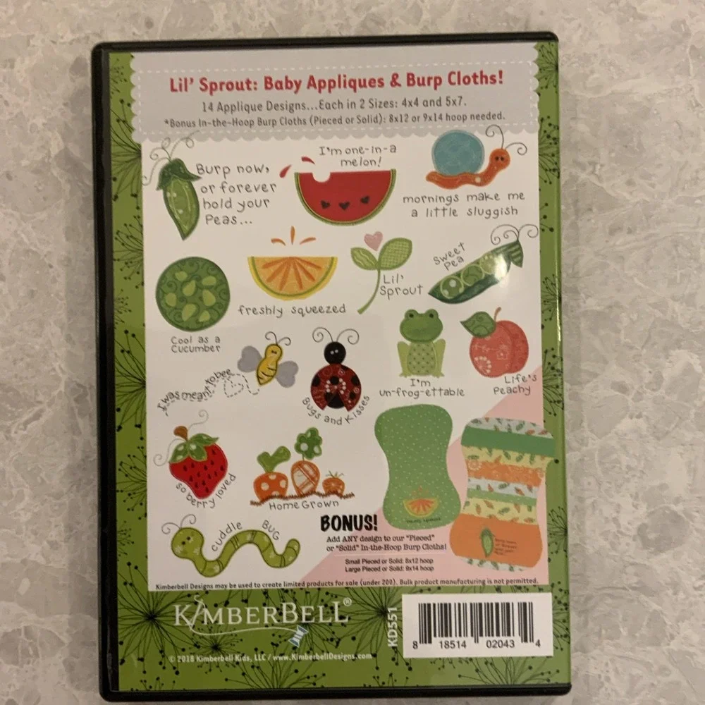 Kimberbell Lil' Sprout Baby Appliques & Burp Cloths CD Pattern Book EUC